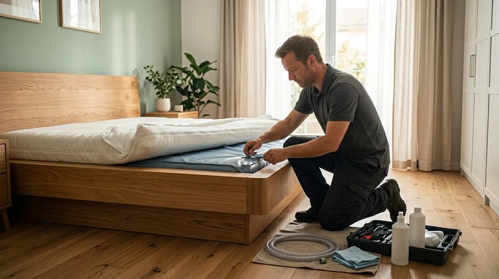 Wasserbett-Notfall: undichte Stelle an der Wassermatratze wird gesucht und abgedichtet
