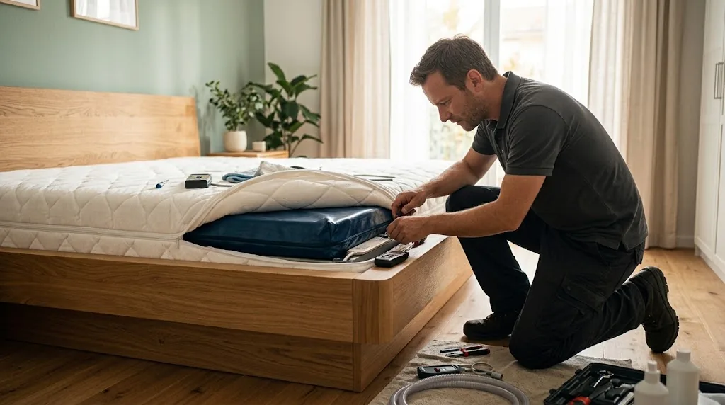 Reparatur am Wasserbett: Monteur arbeitet an Heizung und Ventil der Wassermatratze