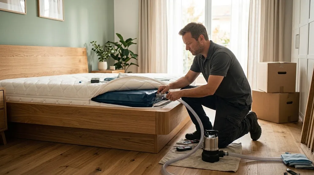 Wasserbett-Umzug: Wasser wird mit einer Pumpe kontrolliert aus der Wassermatratze abgelassen