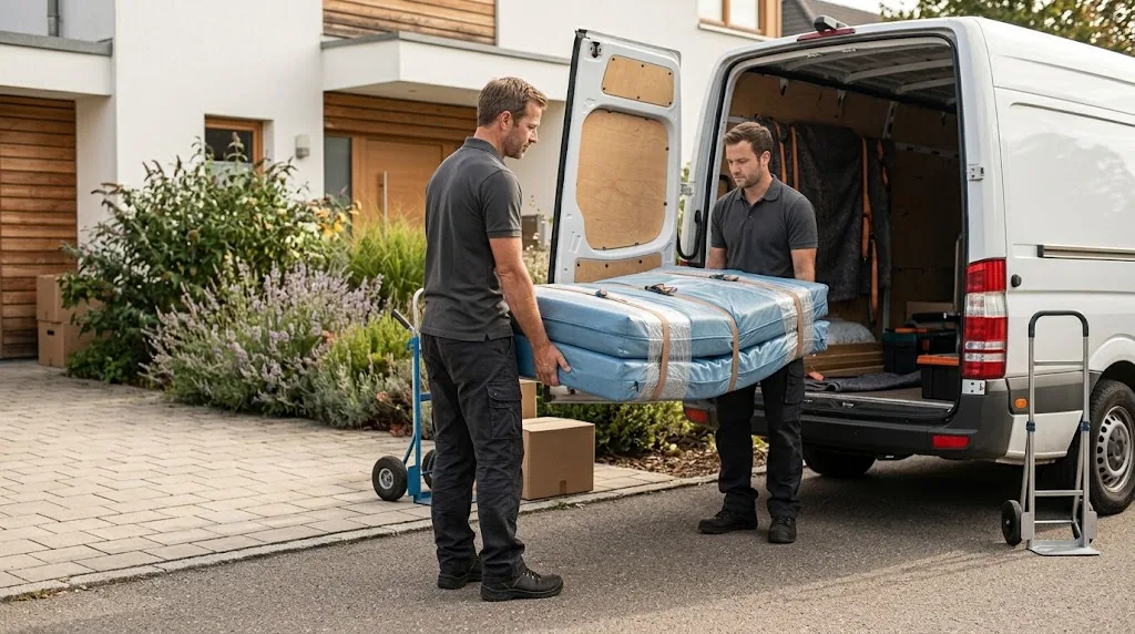 Wasserbett-Umzug: Monteure tragen die gesicherten Bauteile des Wasserbetts zum Transportfahrzeug