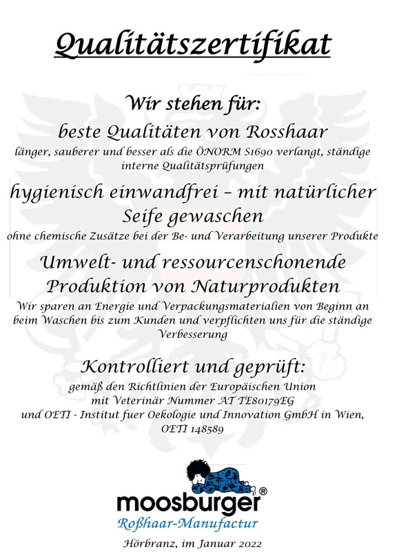 Produktzertifikat Moosburger, 2022