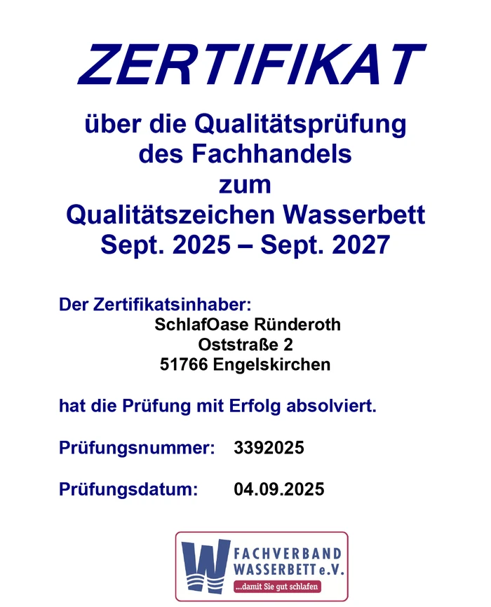 Qualitätszertifikat des Fachverbands Wasserbett e. V. für die SchlafOase, geprüft am 4. September 2025, gültig bis September 2027